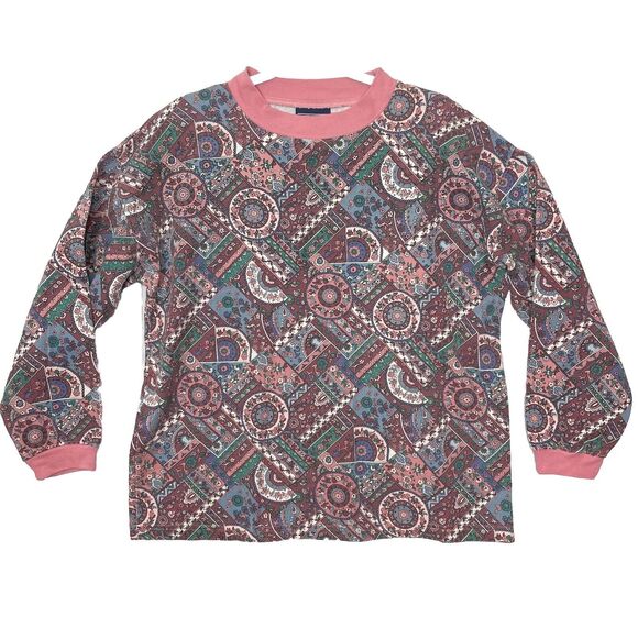 Vintage 90's Pink Patchwork Tapestry Fabric Print Top Sz Medium Made In USA - Picture 1 of 14